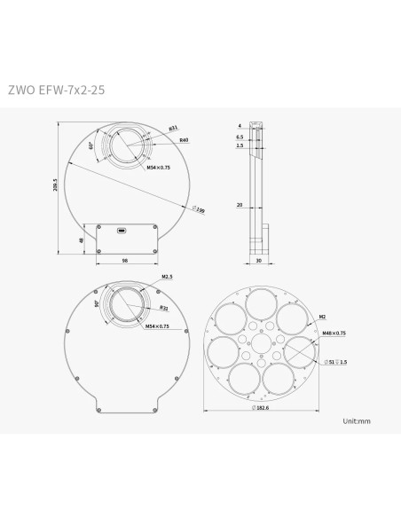 Plan - Roue à filtres motorisée ZWO EFW 7x2" (7x50,8 mm)