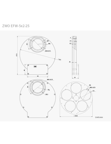 Plan - Roue à filtres motorisée ZWO EFW 5x2" (5x50,8 mm)