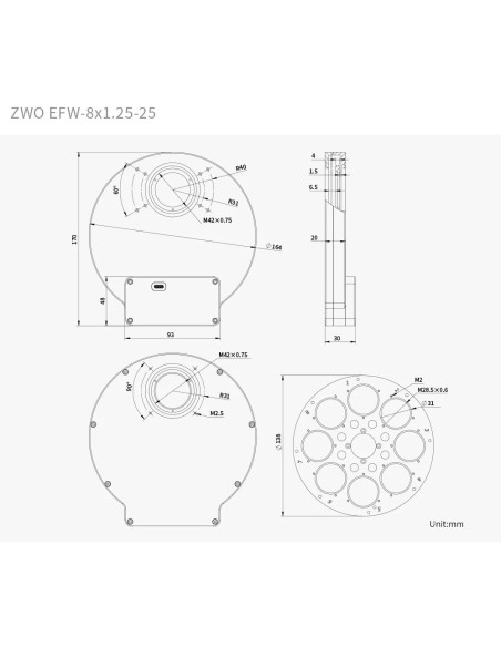Plan - Roue à filtres motorisée ZWO EFW 5x31,75mm